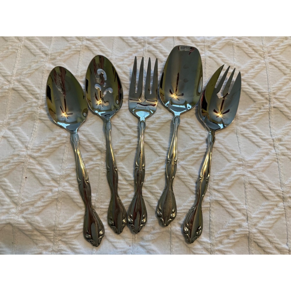 Oneida Chateau 18/8 Stainless Hostess Serving Set 5 Piece Slotted Spoon Fork